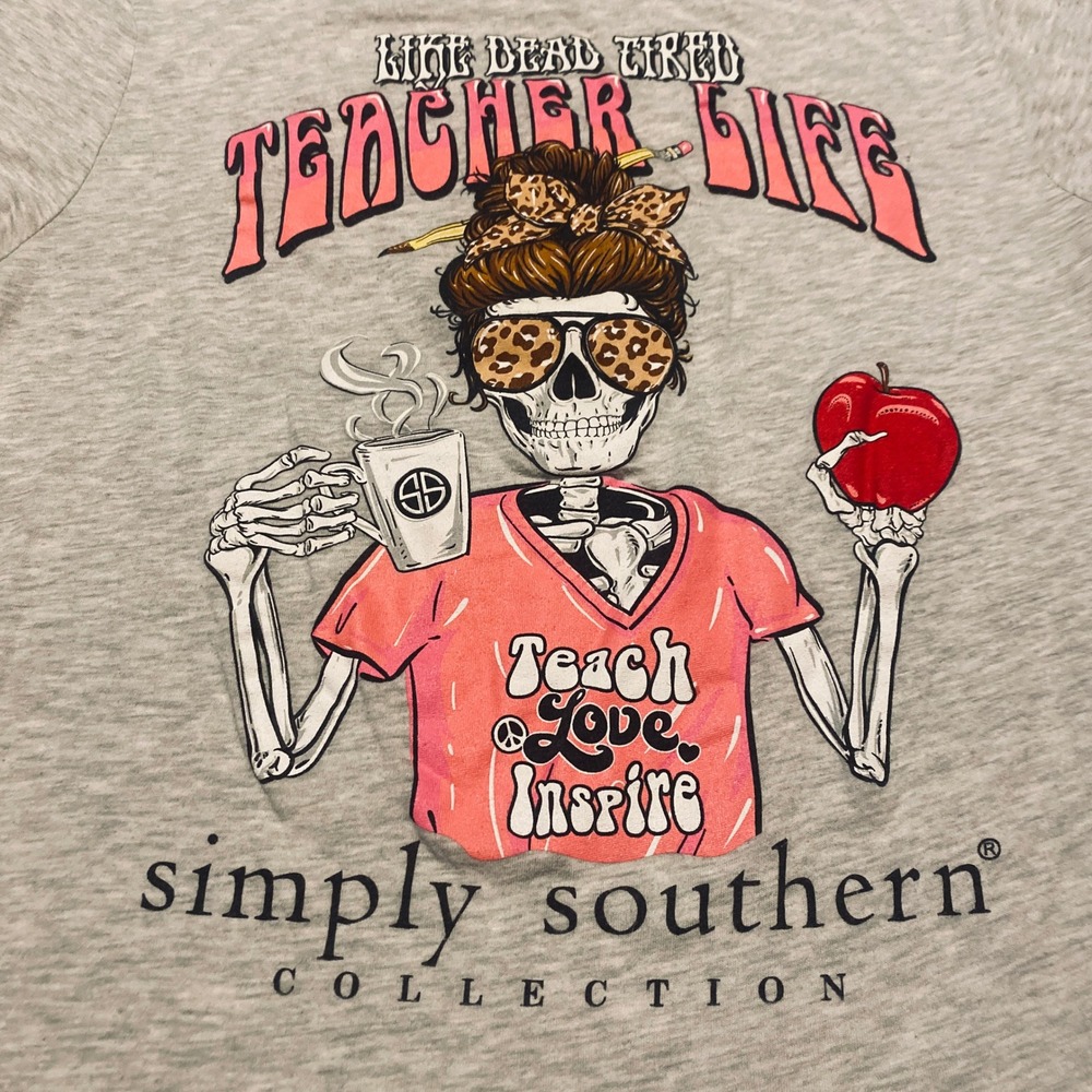 Simply Southern Teacher Life Shirt Womens Large Gray Skeleton Graphic Tee